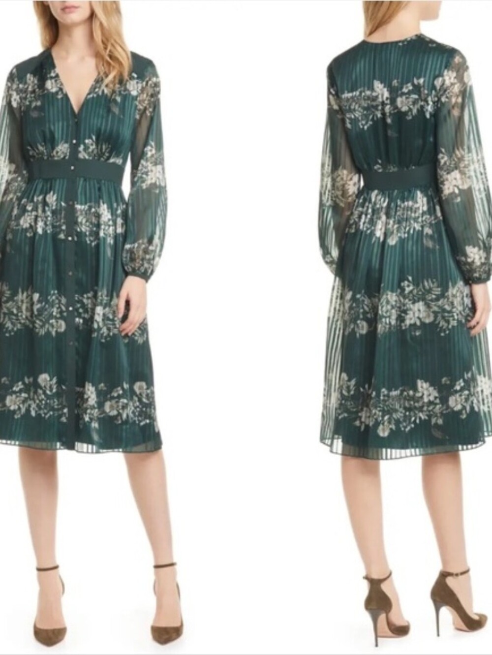Ted Baker Floral Pleated V-Neck Midi Dress - Green Size 3